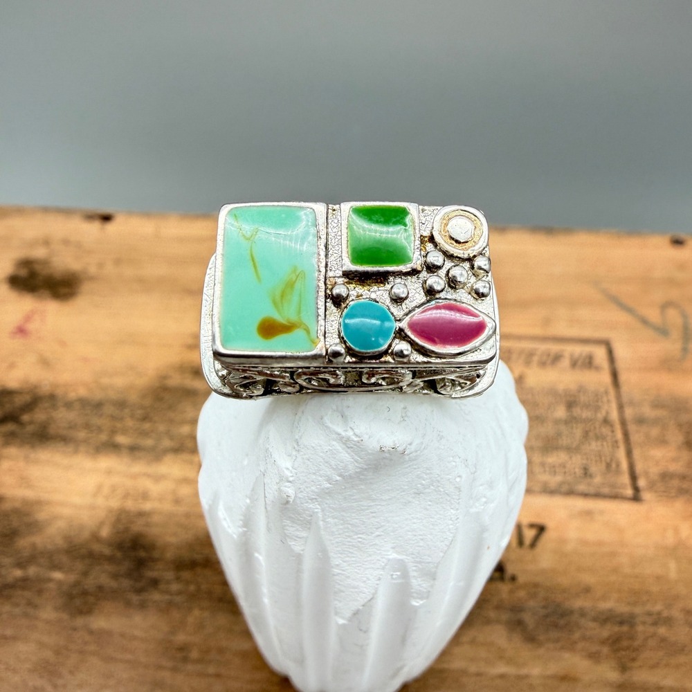Best Brand Silver Tone Multi Color Enamel Heart Filigree Statement Ring Size 6.5